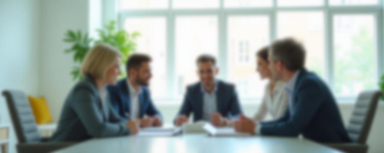Personas interactuando profesionalmente en un entorno de oficina moderno, simbolizando la comunicación y asesoría financiera.