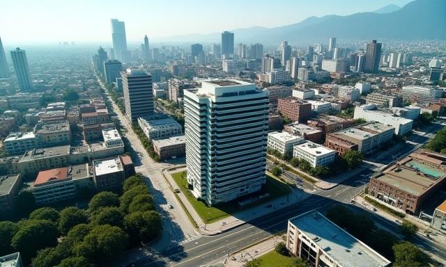 Vista aérea de una zona urbana que destaca un edificio moderno, simbolizando la ubicación de nuestra oficina de Tranquilidad Financiera Costa Rica en San José.