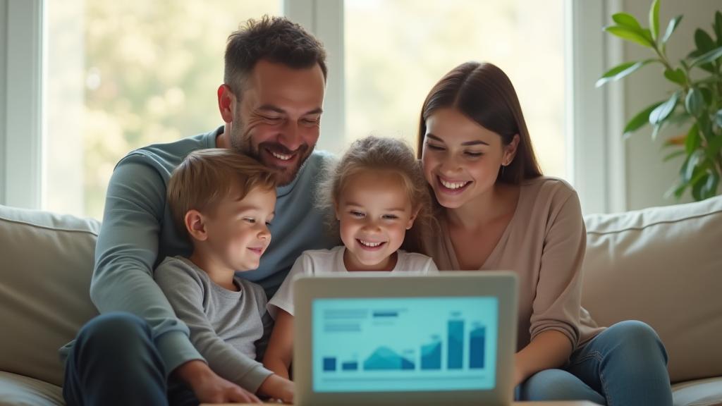 Familia feliz con laptop, símbolo de planificación financiera exitosa y tranquilidad.